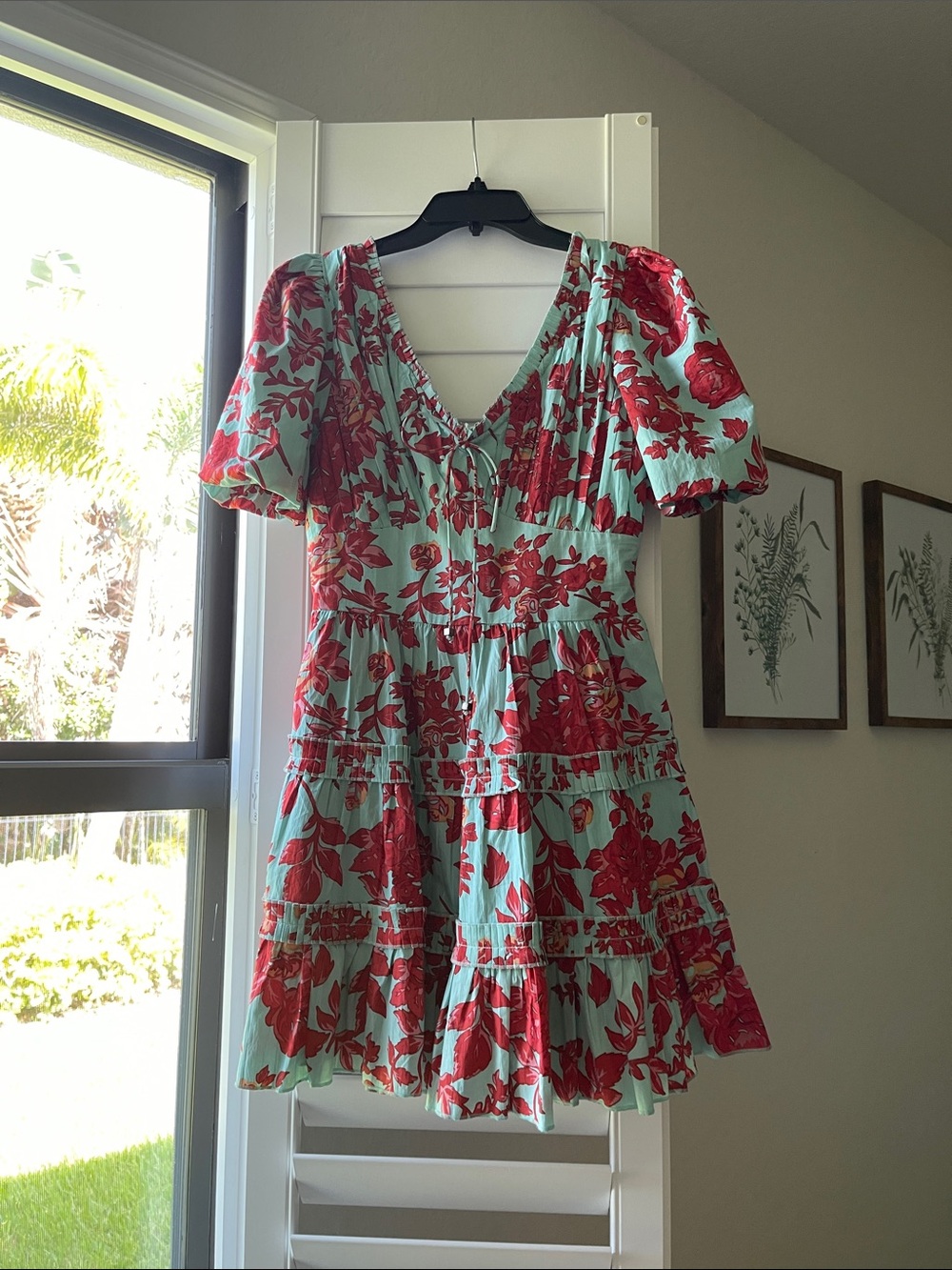Caroline Constas Mint Mini Dress with Red Floral Print